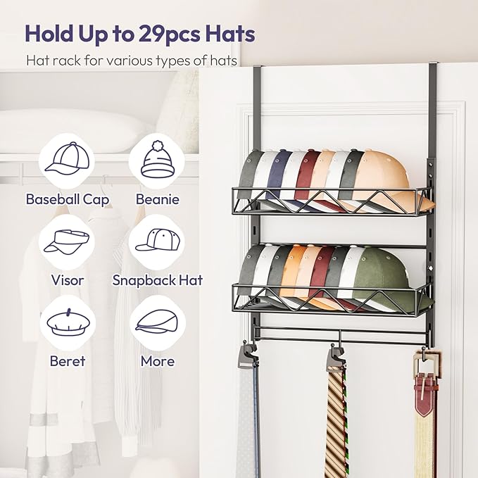 SWTYMIKI Over Door Hat Organizer - 3 Tier Wall Mounted Hat Rack with 2 Adjustable Metal Basket and 3 Hooks, Hanging Baseball 