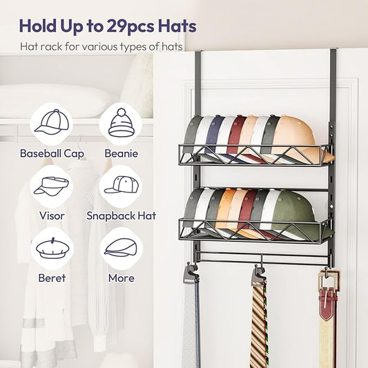SWTYMIKI Over Door Hat Organizer - 3 Tier Wall Mounted Hat Rack with 2 Adjustable Metal Basket and 3 Hooks, Hanging Baseball 