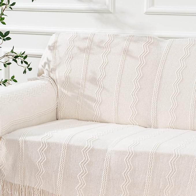 BATTILO HOME Cream Throw Blanket for Couch, Bedroom Decor Boho Throw Blanket, Decorative White Blanket Throw for Sofa Living 