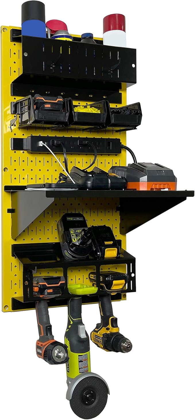 Wall Control Power Tool Storage Organizer Kit Cordless Drill Holder Charging Station Rack 16” x 32” Metal Pegboard Organizati