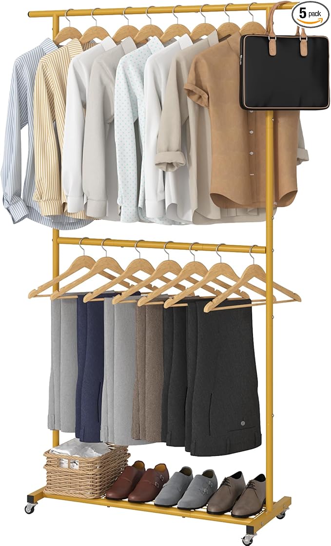Sywhitta Double Rod Clothing Garment Rack, Rolling Coat Hanger with Bottom Mesh, Clothing Rack for Hanging Clothes, Coats, Sk