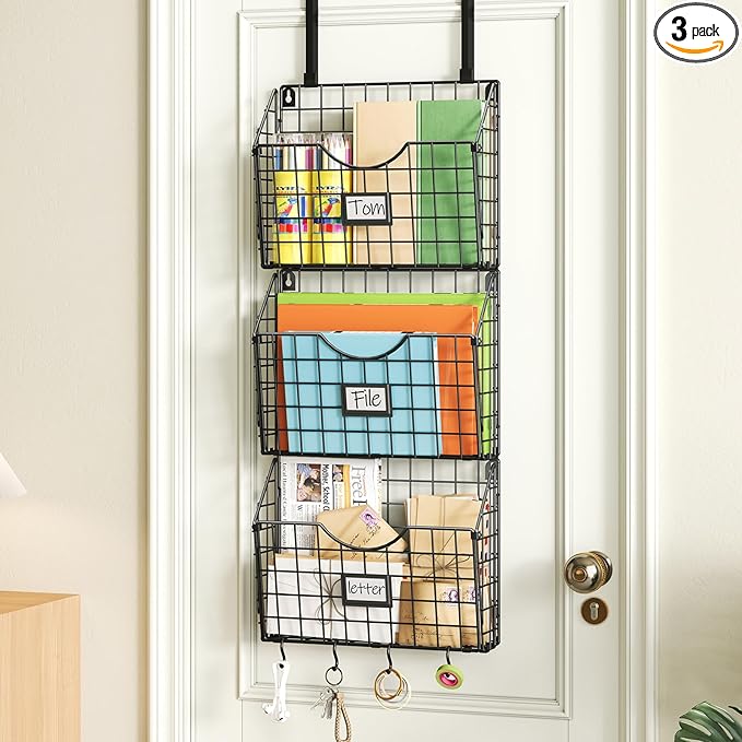 X-cosrack 3-Tier Hanging Wall Files Rack with Door Hooks and 6pcs S Shape Hooks, Over the Door File Organizer &Mounts on Wall
