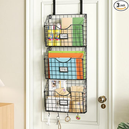 X-cosrack 3-Tier Hanging Wall Files Rack with Door Hooks and 6pcs S Shape Hooks, Over the Door File Organizer &Mounts on Wall