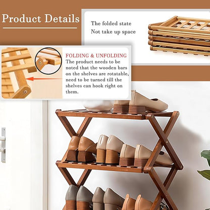 Jessie Bamboo Shoe Rack,Free Standing Shoe Rack for Closet,Portable Folding Shoe Storage Rack, Space Saving,Shoe Shelf for Be