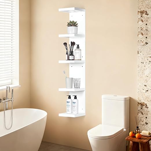 LinTimes 5-Tier LED Wall Shelf with Remote Control, White Floating Shelves Unit, Wall Mounted Display Storage