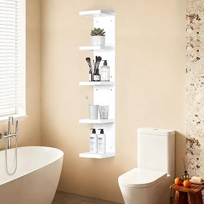 LinTimes 5-Tier LED Wall Shelf with Remote Control, White Floating Shelves Unit, Wall Mounted Display Storage