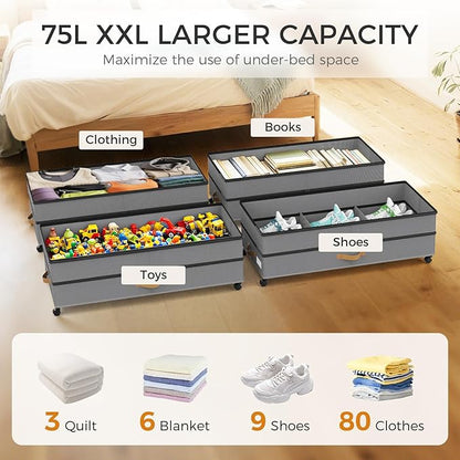 Under Bed Storage with Wheels 2-Pack, 75L XXL Under the Bed Storage Containers Large, 12" Tall Adjustable Storage for Underbe