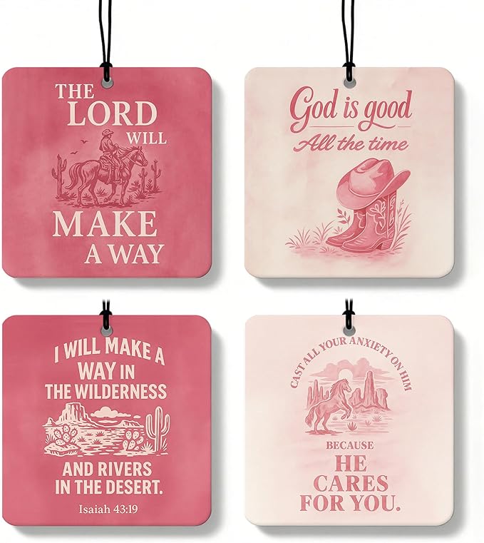 Pink Western Christian Square Citrus Car Air Freshener 4 Pcs, Southwestern Desert Cowgirl Religious Hanging Air Freshener for