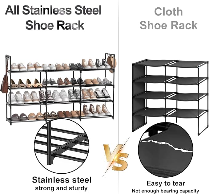 3 Row 4 Tier Long Shoe Rack, Black Metal Stackable Shoe Shelf with Multifunctional Hooks, Shoe Storage Hold 24-30 Pairs, Spac