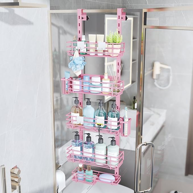 Consumest Over The Door Shower Caddy - 5 Tier Adjustable Shower Organizer Hanging with 2 Toothbrush Holders & 4 Hooks, Rustpr