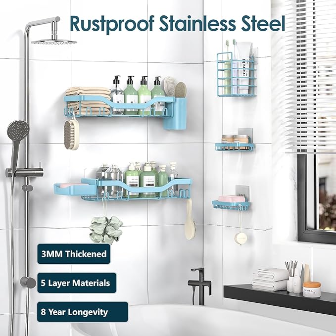 NESOMI Shower Caddy Adhesive Shower Organizer 7-Pack, Rustproof Stainless Steel Bathroom Shelves, Large Capacity No-Drill Rac
