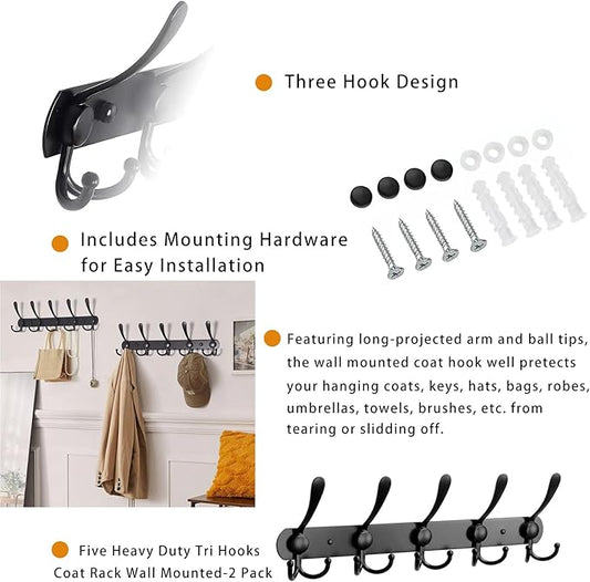 2-Pack Coat Rack Wall Mounted – Space-Saving Wall Clothes Rack, 5 Tri Hooks, Stainless Steel Entryway Organizer for Coats, Ha