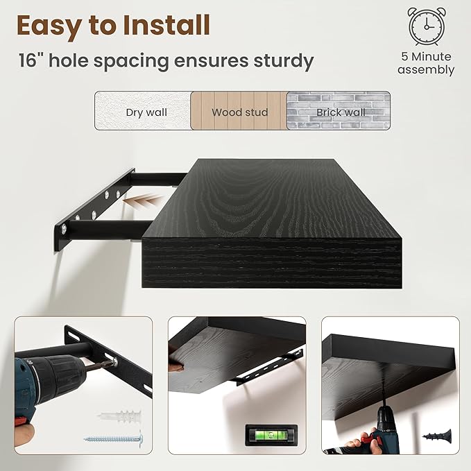 30 Inch Floating Shelves for Wall, 8 Inch Deep Floating Shelf for Storage & Display, Rustic Wall Mounted Shelf with Invisible