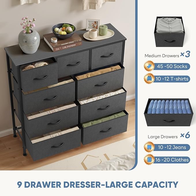 DUMOS Dresser for Bedroom, Dressers & Chests of Drawers Dresser Organizer, Wood Top Table Furniture with 9 Fabric Storage Tow