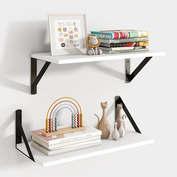 Axeman White Floating Shelves for Wall, 16''W x 8''D Floating Shelves Set of 2, 8 Inch Deep Wall Shelves for Bookshelf Living