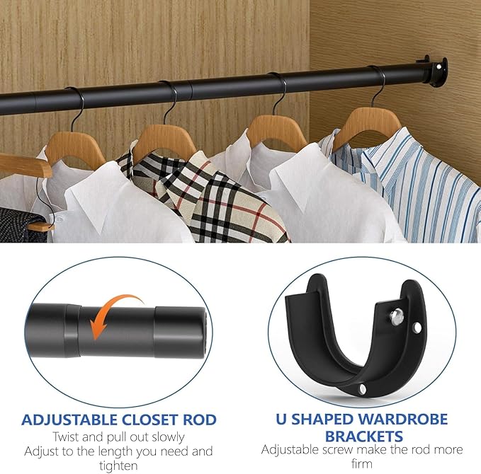 Closet Rod, 17 to 38 Inch Adjustable Closet Bar for Hanging Clothes, Heavy Duty Clothes Hanging Rod Closet Poles for Wardrobe