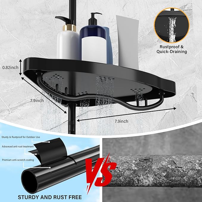 Black Corner Shower Caddy Tension Pole - Heavy Duty Rustproof Stainless Steel Shower Organizer with 4 Adjustable Shelves, No-