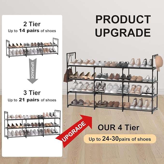 3 Row 4 Tier Long Shoe Rack, Black Metal Stackable Shoe Shelf with Multifunctional Hooks, Shoe Storage Hold 24-30 Pairs, Spac