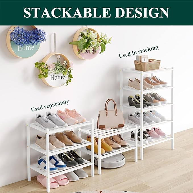 Smiry Small Bamboo Shoe Rack 3-Tier, Stackable Wooden Shoe Organizer for Entryway & Closet, Free Standing Wood Shoe Storage S
