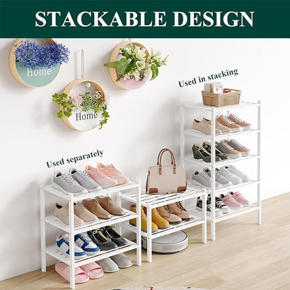 Smiry Small Bamboo Shoe Rack 3-Tier, Stackable Wooden Shoe Organizer for Entryway & Closet, Free Standing Wood Shoe Storage S
