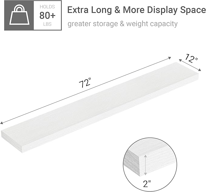 Vivelove 12 in Deep Floating Shelves for Wall, 72" x 12" x 2" Shelves for Room Wall Mounted, 2 Inch Thick Shelf for Bathroom 