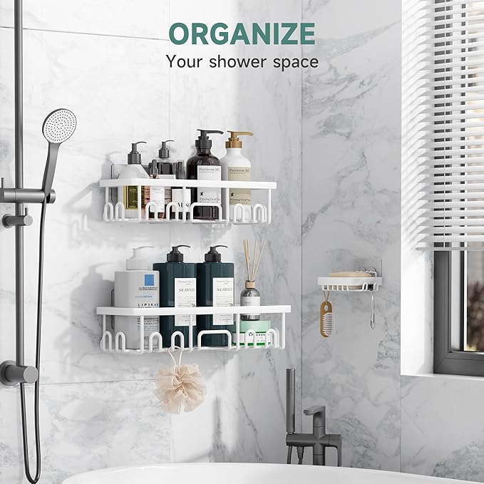 Veken Shower Caddy 3-Pack, Advanced Rustproof Design, No Drilling Adhesive Shelves, Rack with Soap Holder, Large Capacity Bat