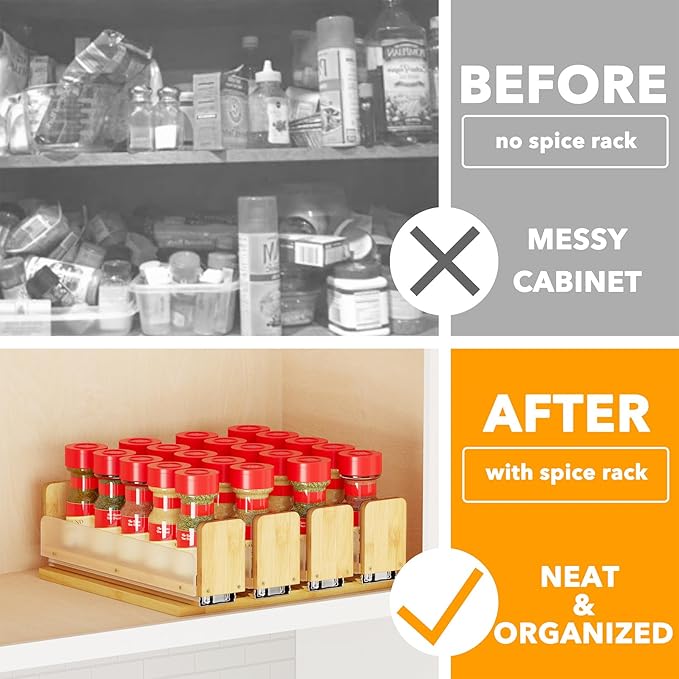 SpaceAid Bamboo Pull Out Spice Rack Organizer for Cabinet, Heavy Duty Slide Out Seasoning Kitchen Pantry Sliding Vertical Org