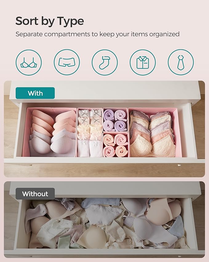 SONGMICS Drawer Organizers, Dresser Divider Organizers, Set of 12, Foldable Fabric Storage Boxes for Socks, Underwear, Bras, 