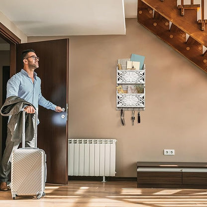 2-Slot Mail Organizer Wall Mount with 4 Hooks, Rustic Key and Mail Holder for Home Decorative, Wooden Key Hangers Wall File O