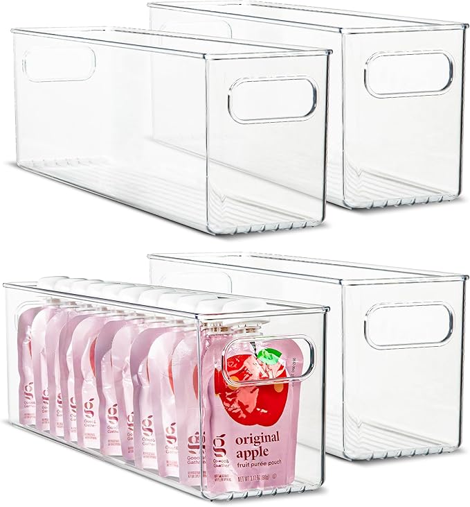 Plastic Food Storage 4 Pack Clear Container Bin with Handles for Organizing Kitchen, Pantry, Refrigerator, Freezer, Pantry, C