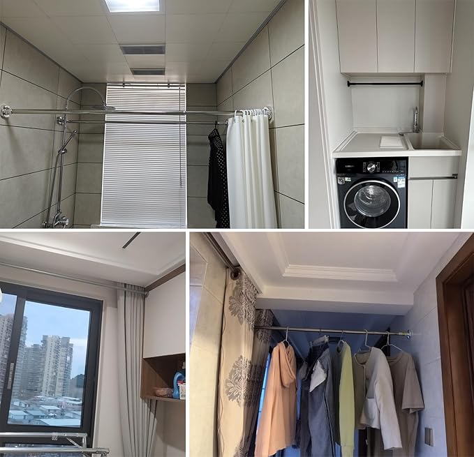 Adjustable Telescopic Closet Rod - No Drill Pressure Mount Wardrobe Hanging Bar, Space-Saving Extendable Clothes Rail (White,