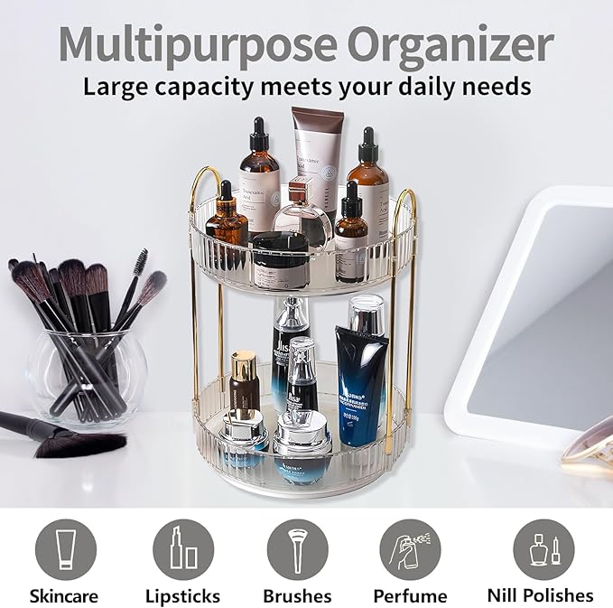 Asayuee 360 Rotating Makeup Organizer,2 Tier Large Capacity Make Up Organizers and Storage,Skincare Perfume Vanity Organizers