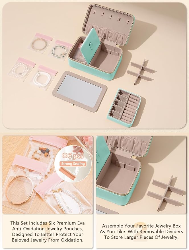 Velvet Travel Jewelry Box with Large Mirror, Double-Layer Jewelry Organizer Case for Women and Girls, Portable Storage Case w