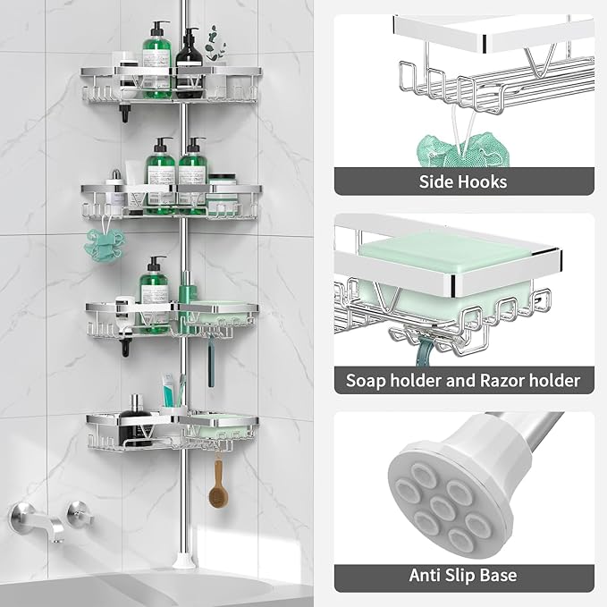 Corner Shower Caddy Tension Pole - Chrome Tension Rod Shower Caddy Adjustable Shampoo Holder for Bathroom/Bathtub/RV, Stainle
