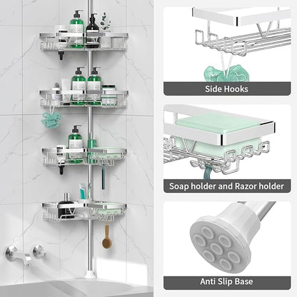 Corner Shower Caddy Tension Pole - Chrome Tension Rod Shower Caddy Adjustable Shampoo Holder for Bathroom/Bathtub/RV, Stainle