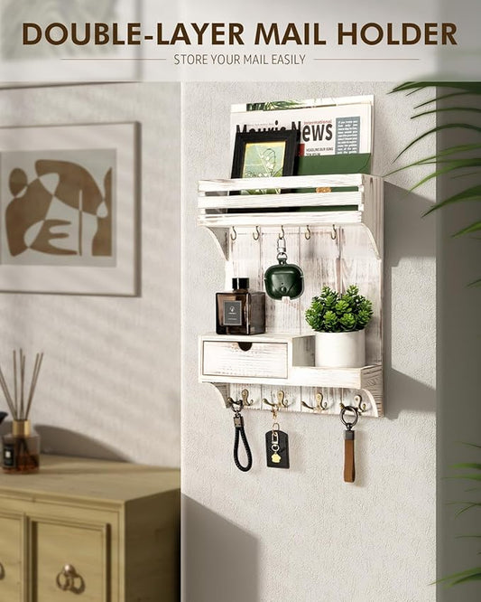 Rebee Vision Farmhouse Key Holder Wall Mount with Mini Drawer Organizer - Decorative Mail Organizer with 9 Key Hooks & Shelf 