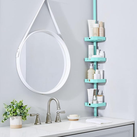 Bath Bliss 4 Tier Tensions Corner Shower Caddy | Shelves | Adjustable 48“-101” | Bathroom Organizer | Bathtub and Shower Stal
