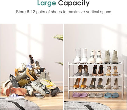 viewcare White Shoe Rack, 3-Tier Bamboo Wood Shoe Rack for Closet, Entryway & Hallway, and Stackable Shoe Shelf Storage Organ