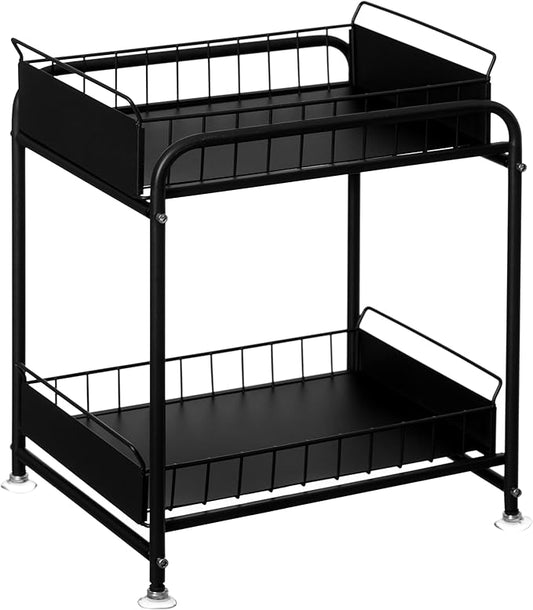 Basicwise Under Sink Organizer Sliding Wire Baskets Adjustable 2-Tier Metal Storage Rack for Bathroom Kitchen or Utility Cabi