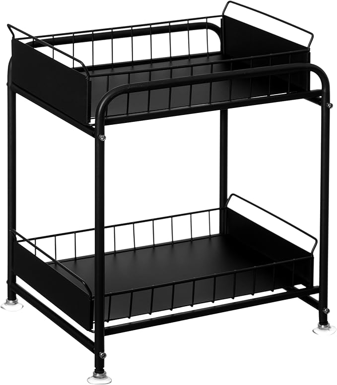 Basicwise Under Sink Organizer Sliding Wire Baskets Adjustable 2-Tier Metal Storage Rack for Bathroom Kitchen or Utility Cabi