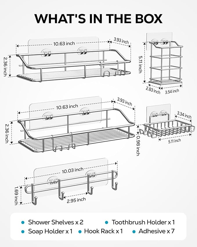 Nieifi Shower Caddy Shelf with Hooks Storage Rack Organizer Adhesive Stainless Steel without Drilling for Bathroom, Lavatory,