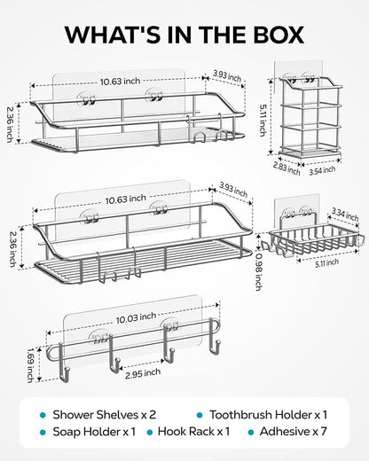 Nieifi Shower Caddy Shelf with Hooks Storage Rack Organizer Adhesive Stainless Steel without Drilling for Bathroom, Lavatory,