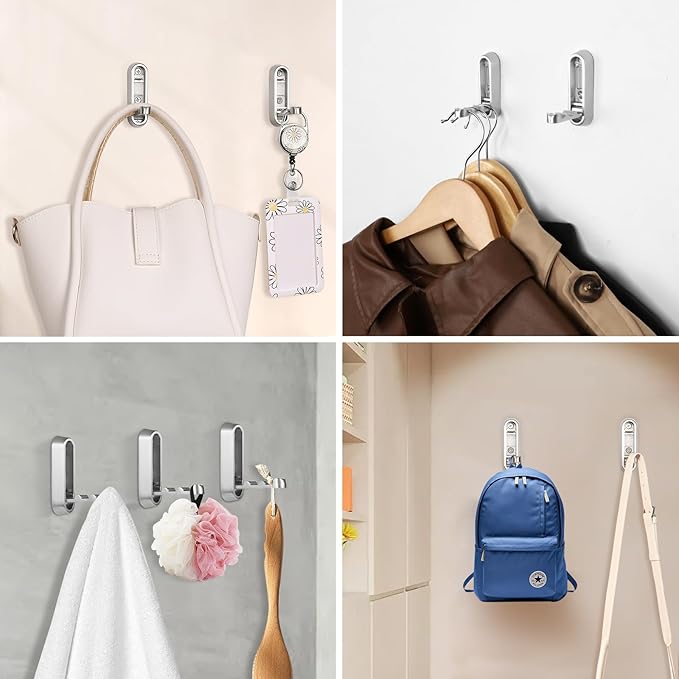 Dntorx Folding Coat Hooks, 2 Pcs Foldable Silver Wall Hooks Heavy Duty Foldable Hook Bathroom Towel Hooks Robe Hooks Wall Mou