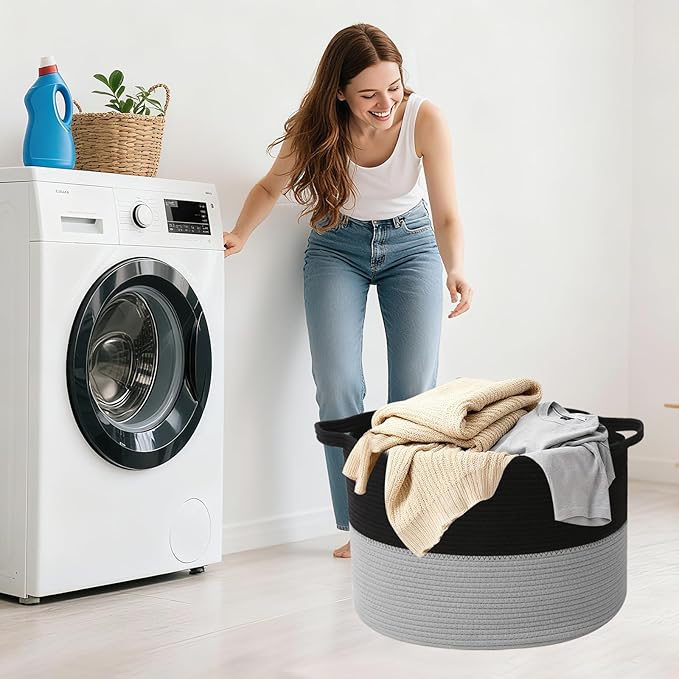 65L Large Blanket Basket, 19.7" L x 19.7" W x 13" H Rope Woven Storage Basket,Laundry Hamper for Toys, Clothes, Pillows,Towel