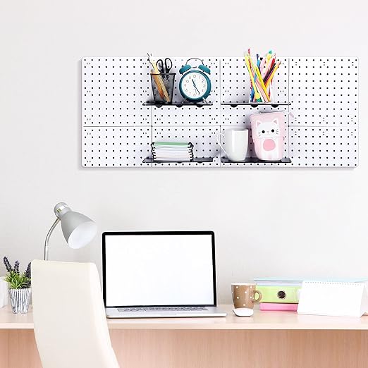 Nuanchu 8 Pack No Drill Pegboard Panels, 10x10 Inch White ABS Plastic Pegboard Wall Mount Organizer Kit for Garage Kitchen Of