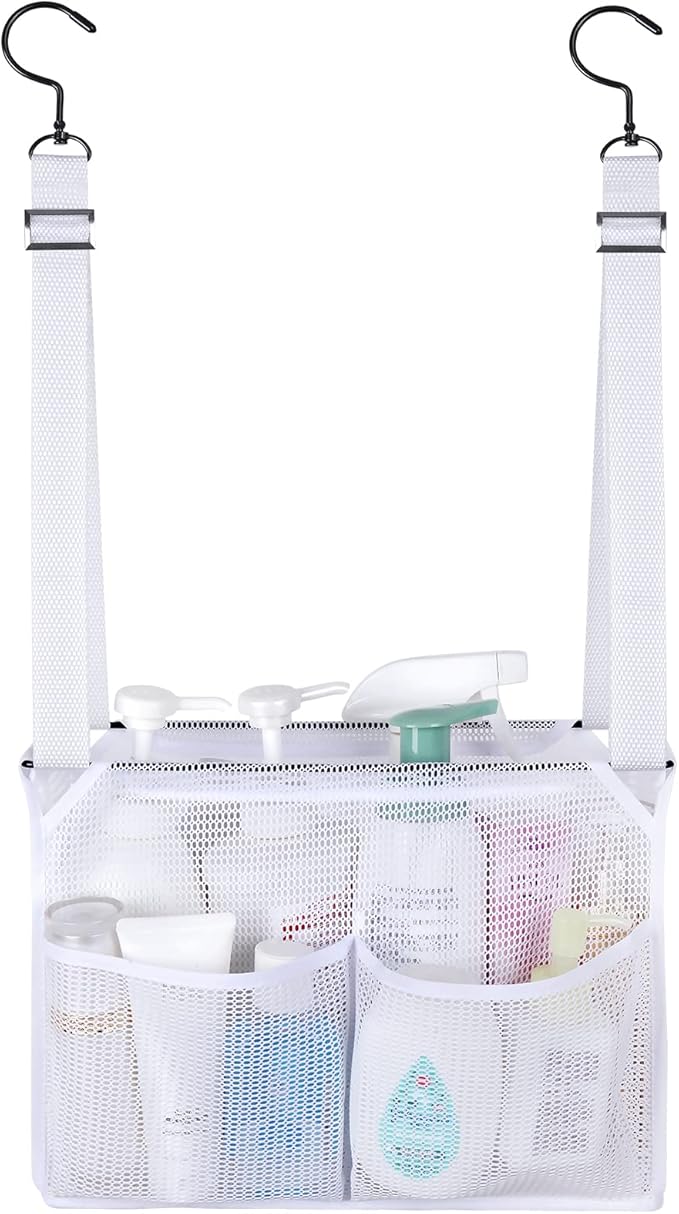 4 Storage Pockets Adjustable Hanging Mesh Bathroom Bag, Shower Caddy College with Hooks, Applied to College Dorm Rooms, Gym, 