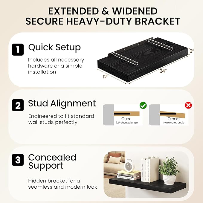 40Inch Black Floating Shelves for Wall, 12 Inch Deep Shelves for Bedroom, Kitchen, Bathroom Wall Mounted, Rustic Wood Floatin