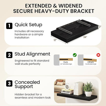 40Inch Black Floating Shelves for Wall, 12 Inch Deep Shelves for Bedroom, Kitchen, Bathroom Wall Mounted, Rustic Wood Floatin
