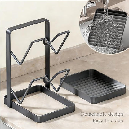 Kitchen Pot Lid Storage Rack, 2-Tier Lids Holderwith Detachable Drip Tray While Cooking, Multifunctional Countertop Organizer for CuttingBoards, Ladles and Pan Covers (Black)