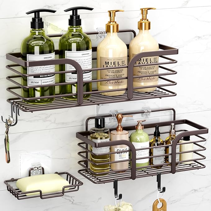 Yougai Shower Caddy, Shower Organizer with Soap Holder and Hooks, Rustproof Shower Shelves, No Drilling Bathroom Organizers a